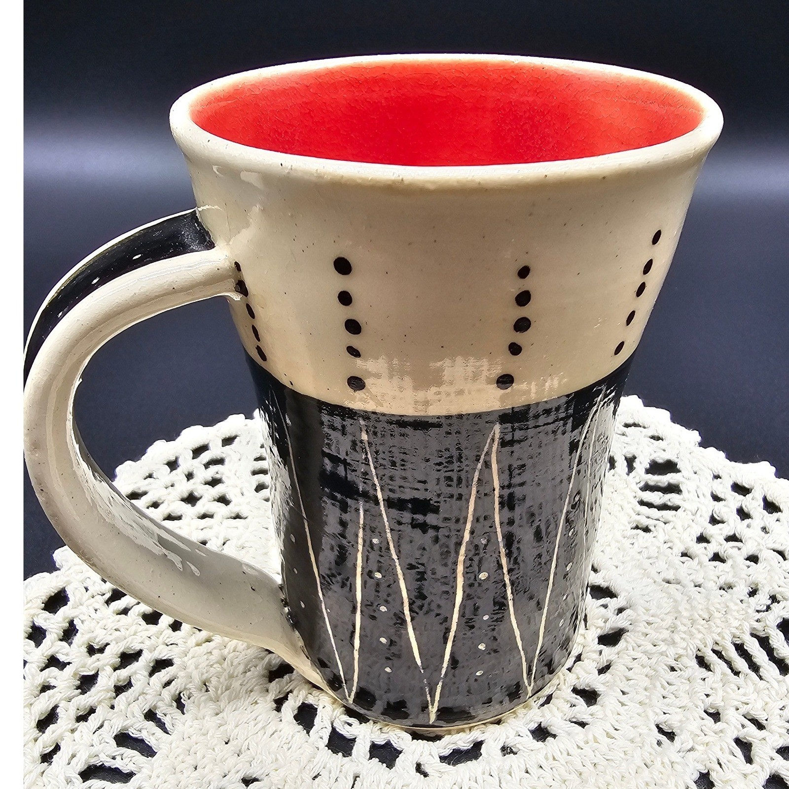 Artisan Studio Pottery Mug Red Interior Black Cream Geometric Hand Painted