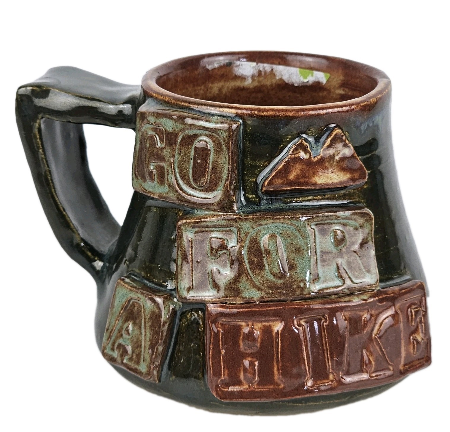 Signed Studio Art Pottery Handmade Earthy Brown Black Drip Glaze Ceramic Mug