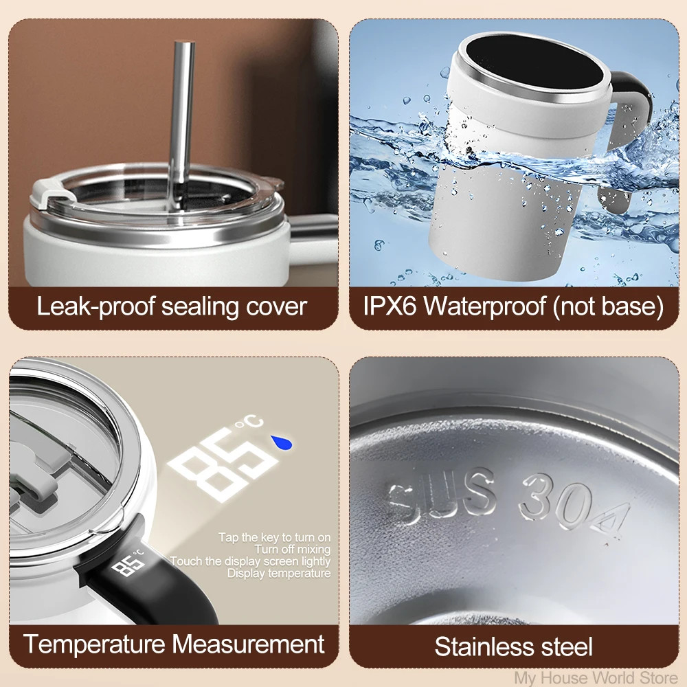 380ML Automatic Magnetic Stirring Mug with Straw & Lid Stainless Steel Waterproo