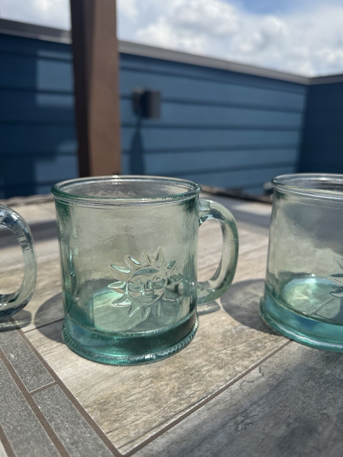Vintage Spanish Recycled Glass Sol Sunface Coffee Mug Set, Light Green Teal (4)
