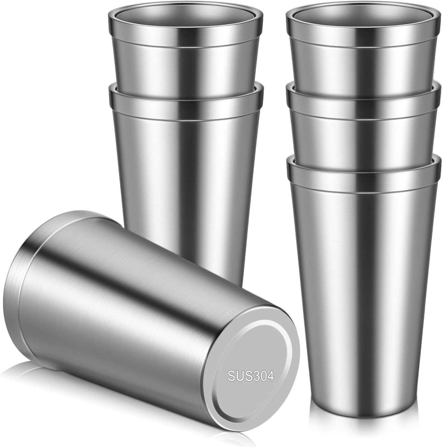 6 Pack Stainless Steel Cup 16 oz, Stackable Double Wall Vacuum Insulated Meta…