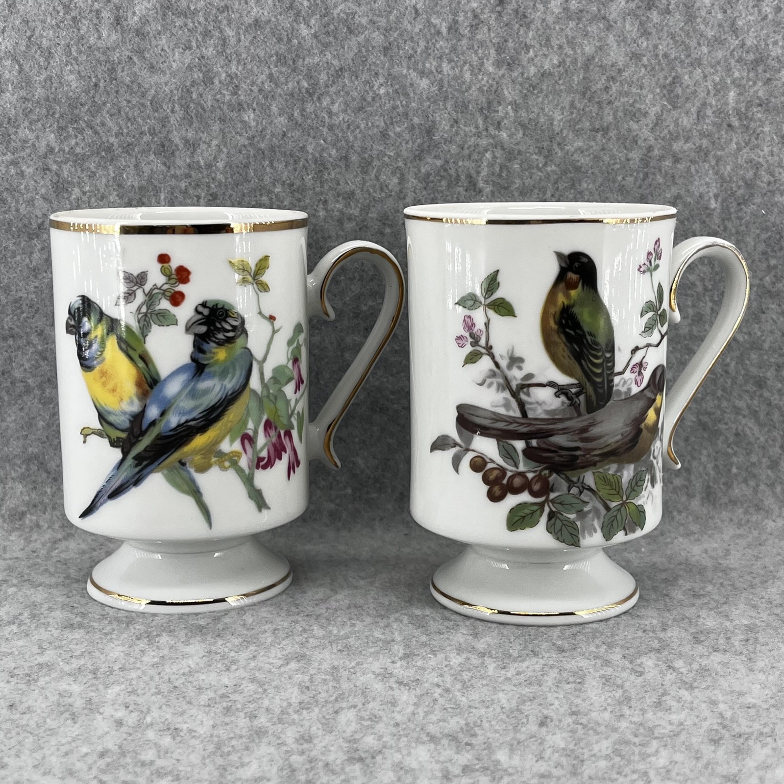 Royal Crown Pedestal Coffee Mugs Set Of 2 Birds Floral Porcelain Gold Trim