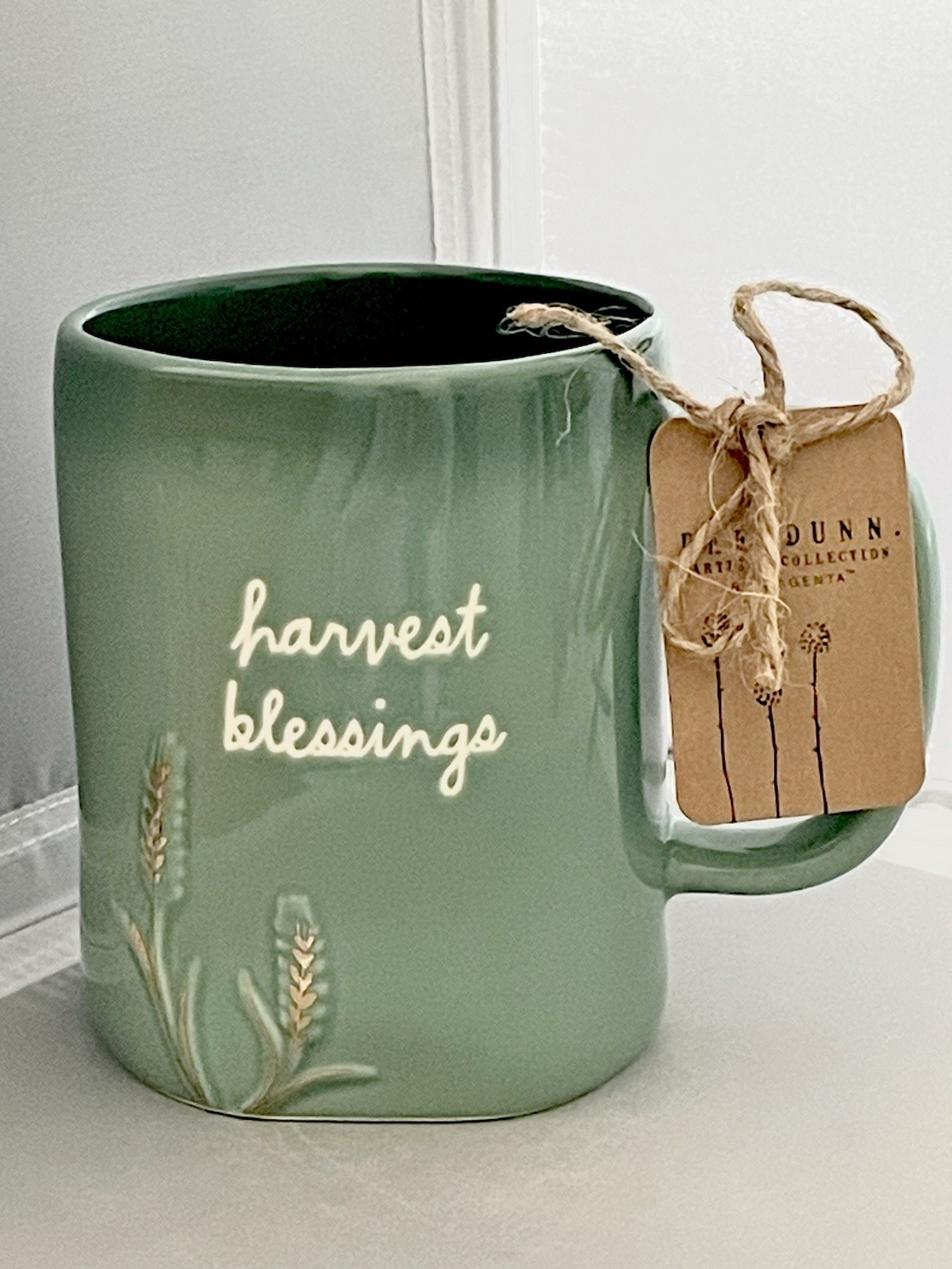 RAE DUNN HARVEST BLESSINGS Green Coffee Mug With Etched Gold Tone Wheat Fall NWT