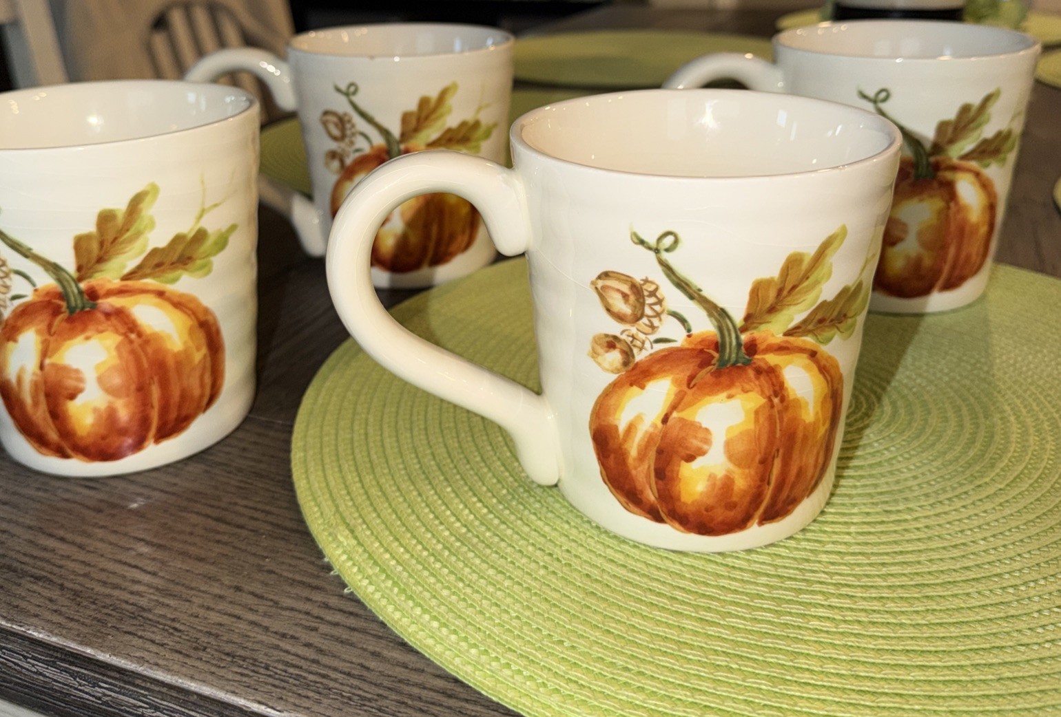 Lot of 4 ~20 OZ Maxcera Pumpkin Mugs and 3 ~6” plates Ceramic Pottery Harvest