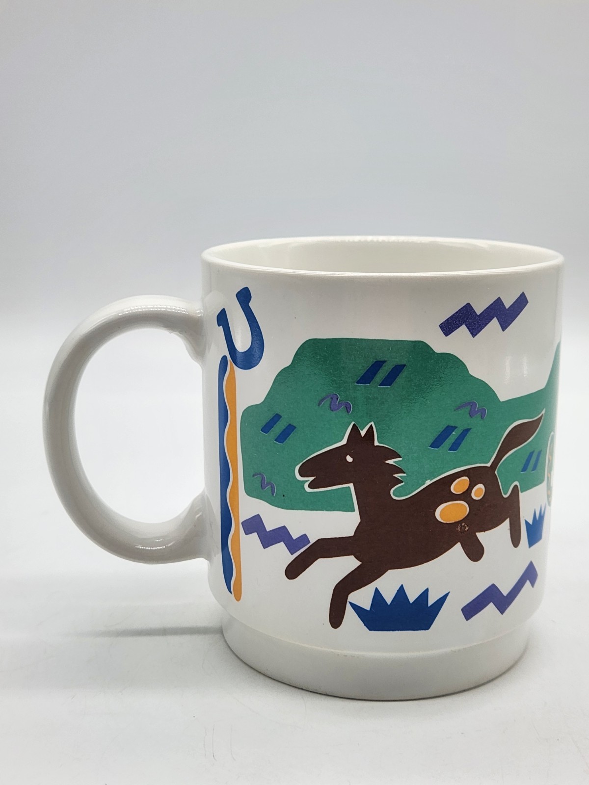 Vintage P. Moats White Mug Prancing Mustang in Desert Southwest Design No Rubber