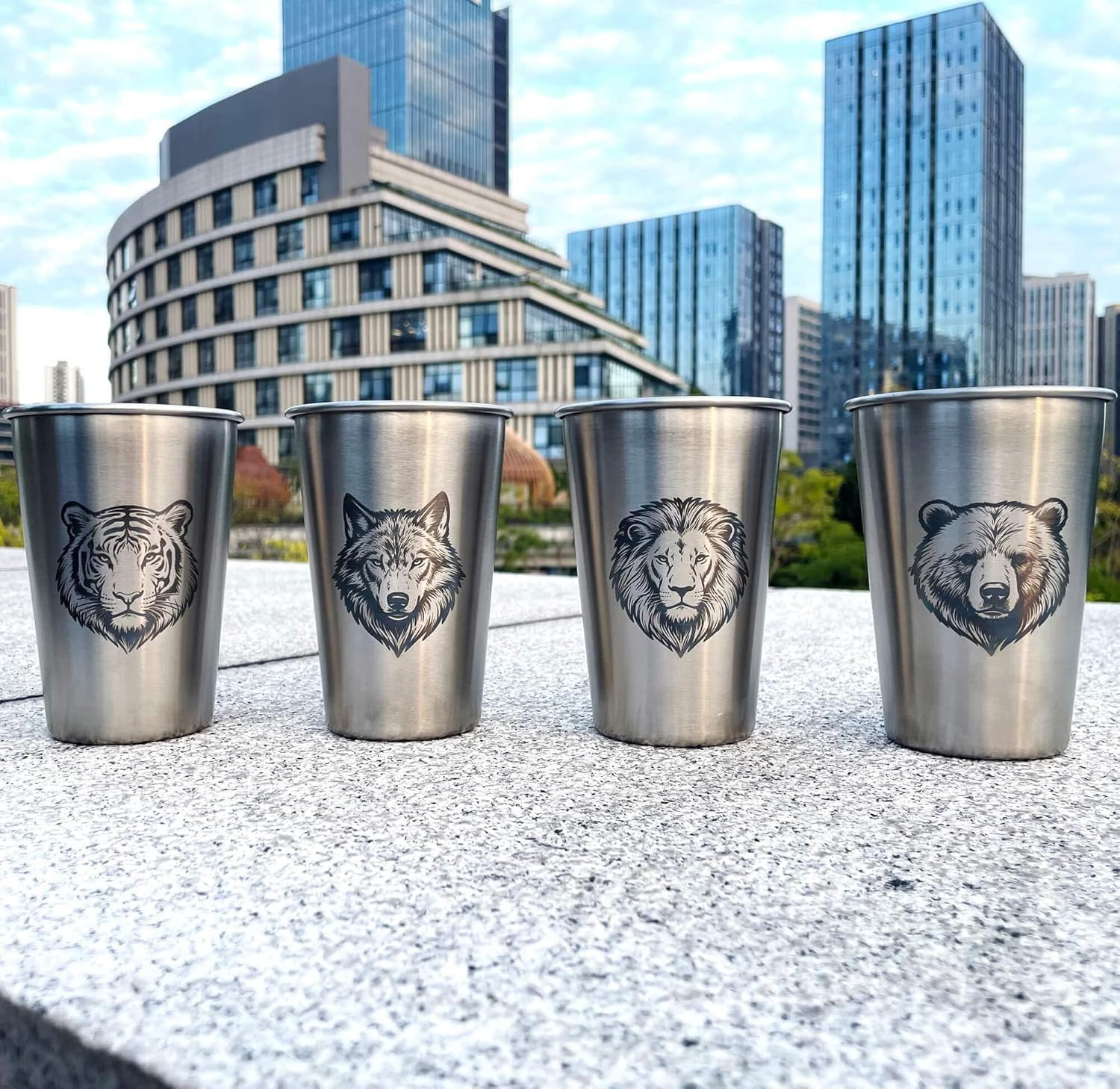 4 Pack 16Oz Conical Stainless Steel Cups – Laser Engraved Animals, Stackable Dur