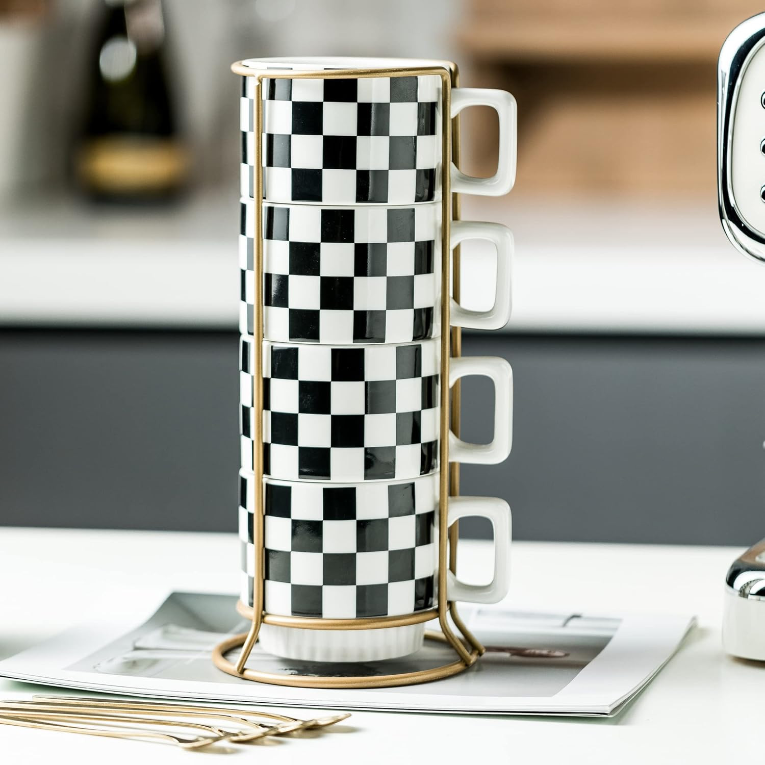 Stackable Coffee Mug Set of 4 with Rack 11 Oz Tea Cup Set with Little Spoon for