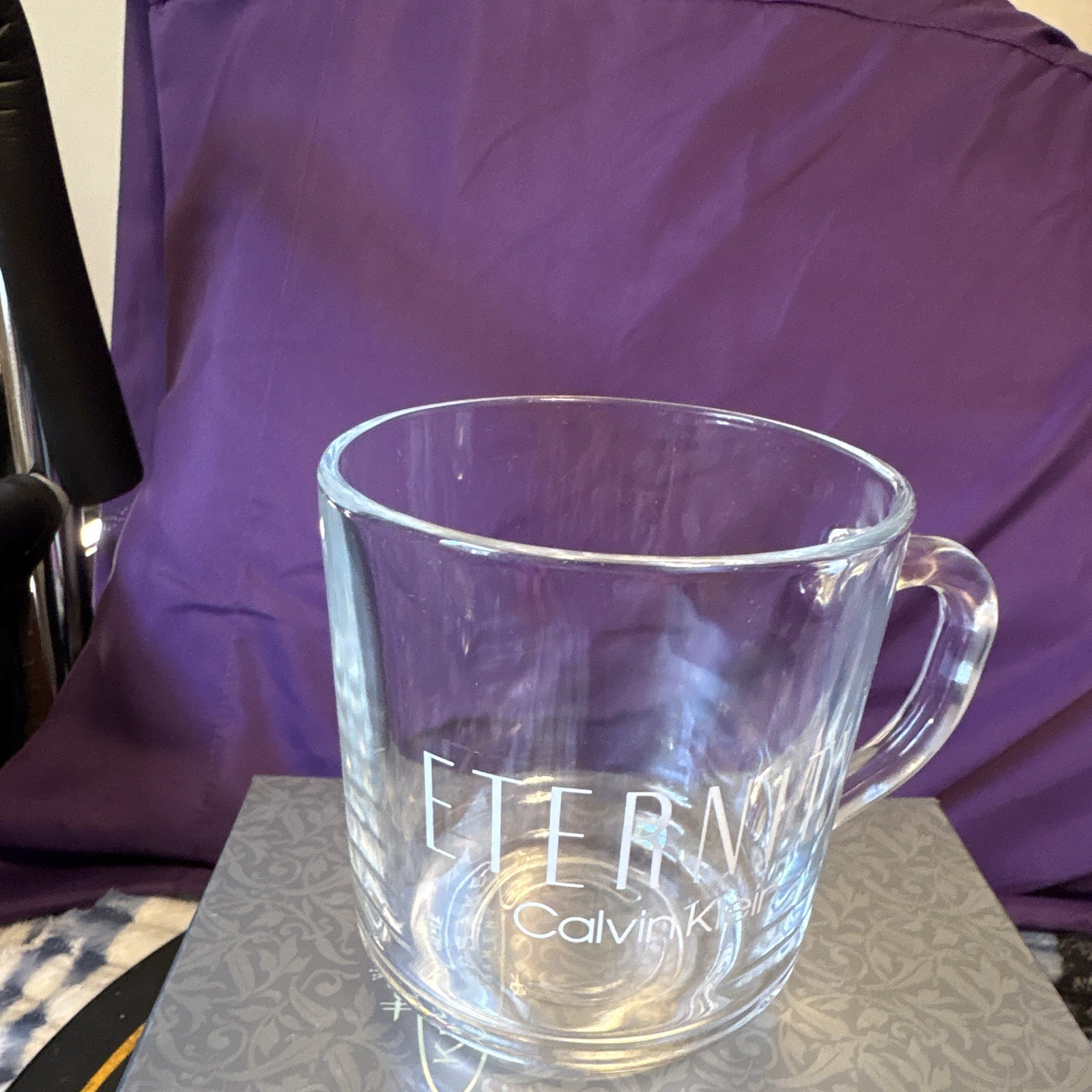 Calvin Klein Eternity Logo Clear Glass Coffee Mug 8 fl oz With Handle RARE