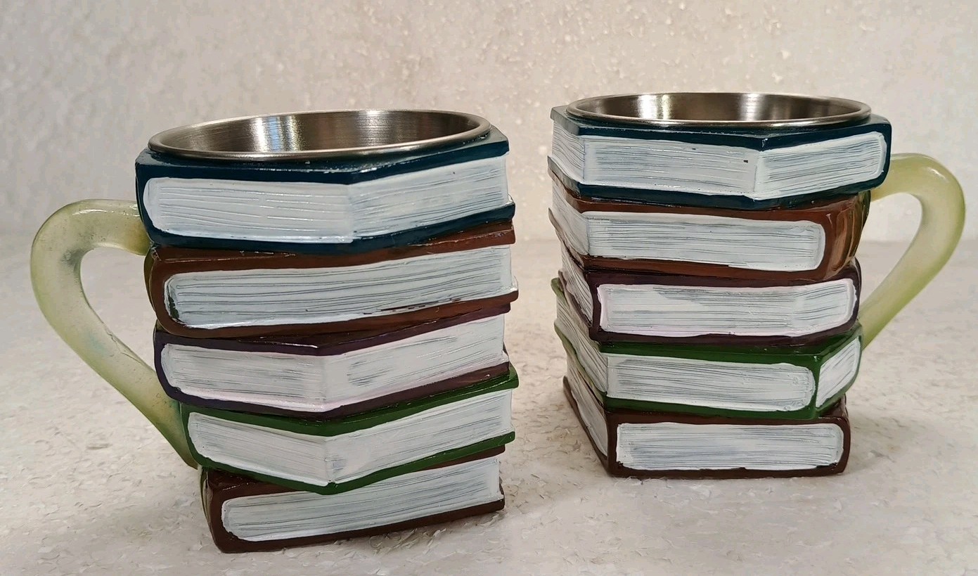 Set Of 2 Handcrafted Painted Mugs 6oz 3D Resin Book Stack Cups Stainless Steel