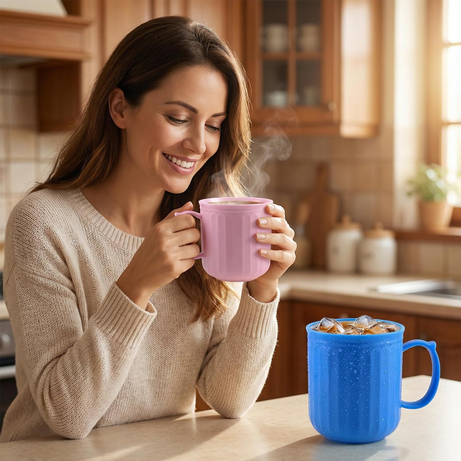 Plastic Coffee Cups with Handles – Unbreakable BPA Free Coffee Mugs 13 oz set of