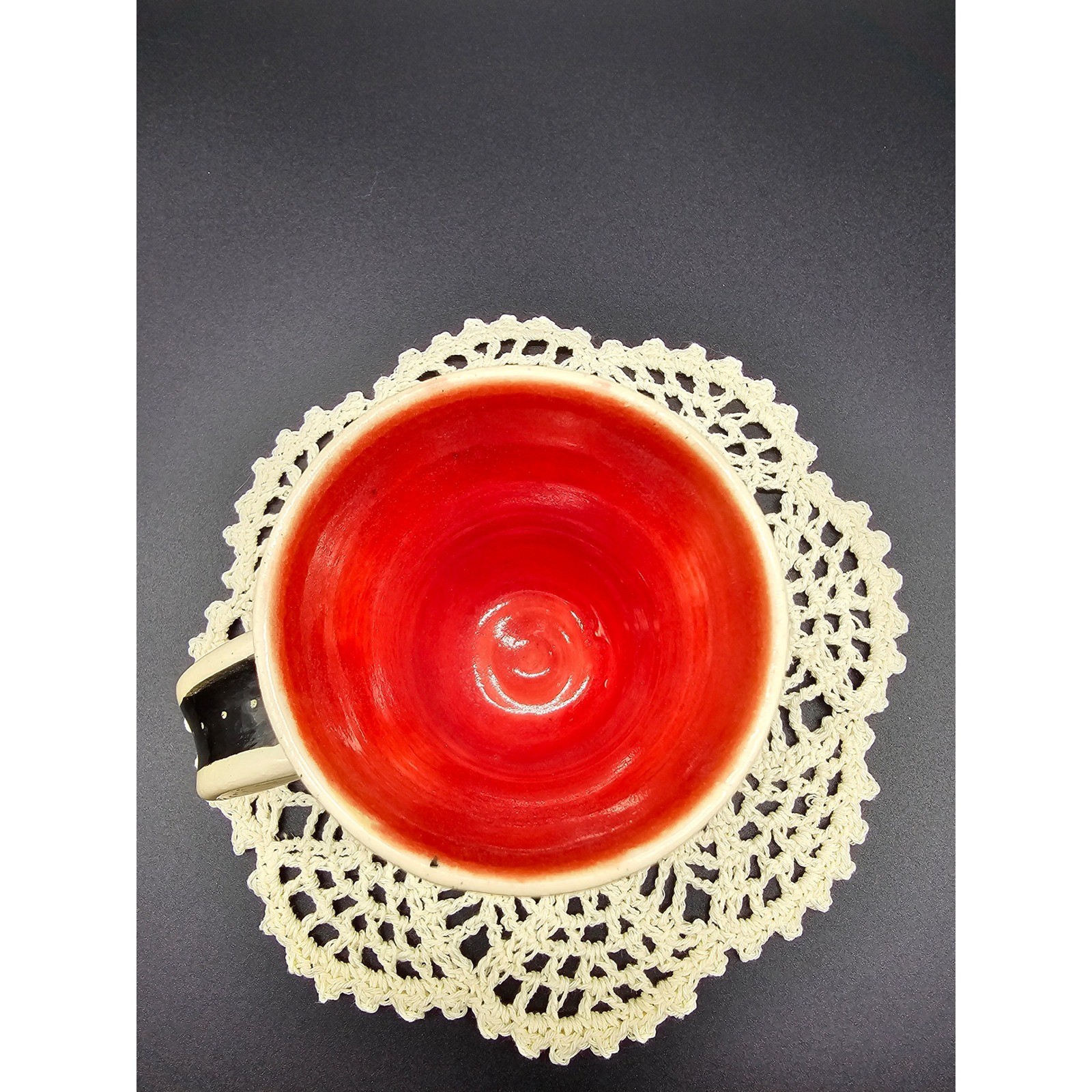 Artisan Studio Pottery Mug Red Interior Black Cream Geometric Hand Painted