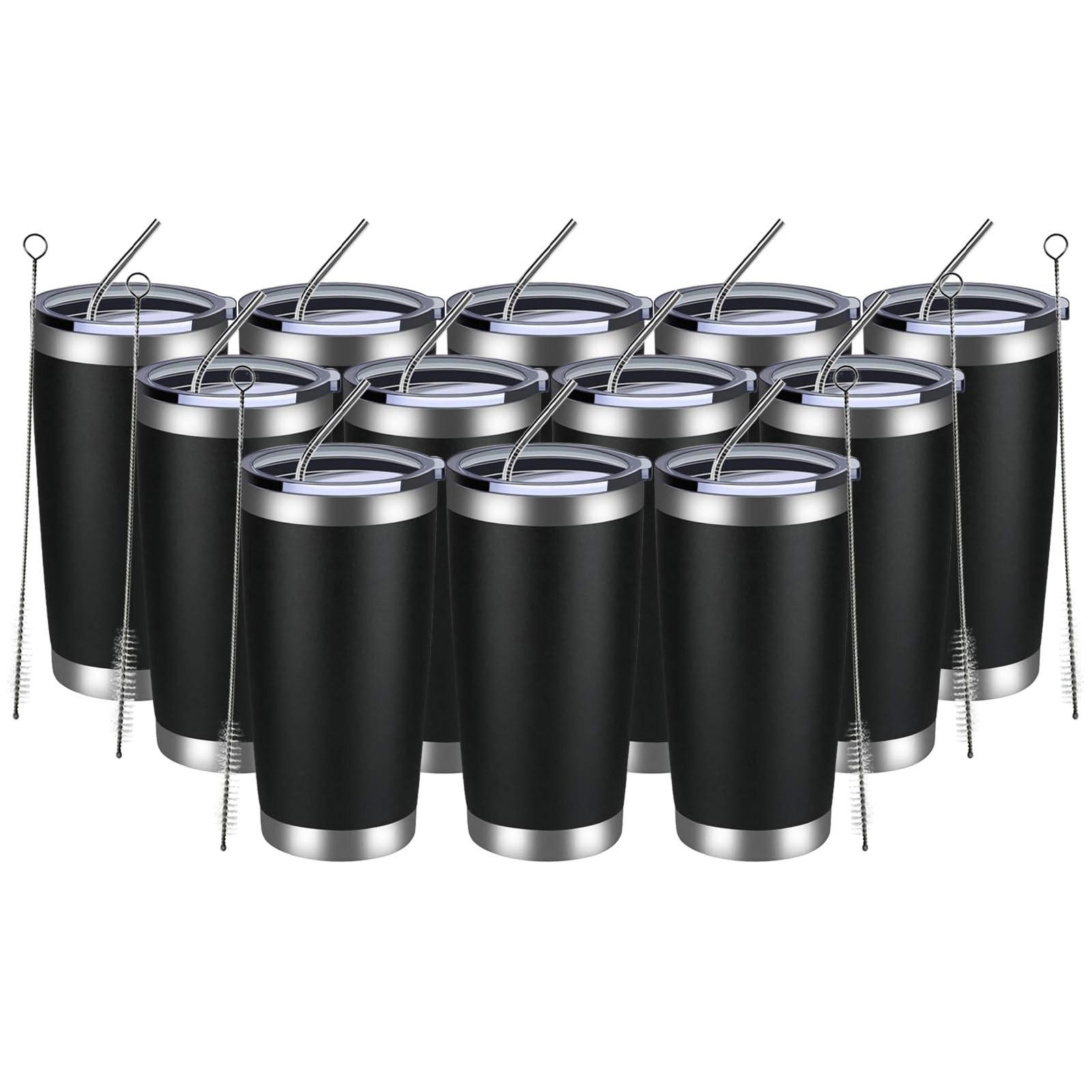 Share 12 Pack 20Oz Stainless Steel Insulated Tumblers with Lids & Straws – Black