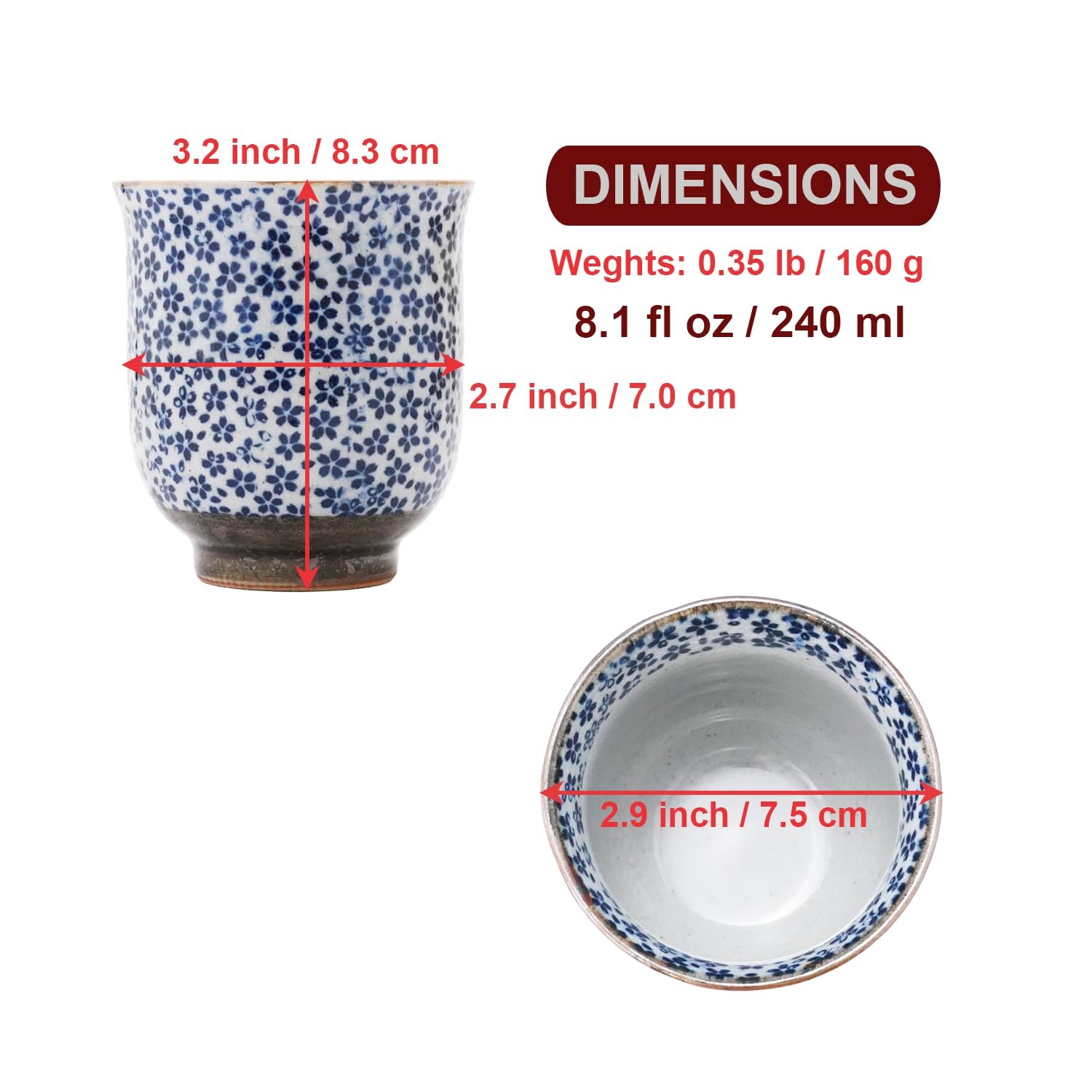 Traditional Japanese Mino Ware Sometsuke Teacup – Floral Pattern 8 fl oz Comp…