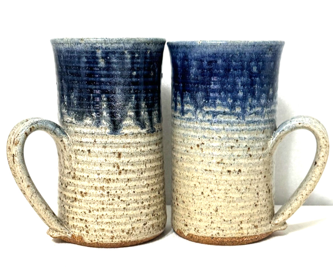 Large Studio Pottery Mug Set Blue Speckled Stoneware