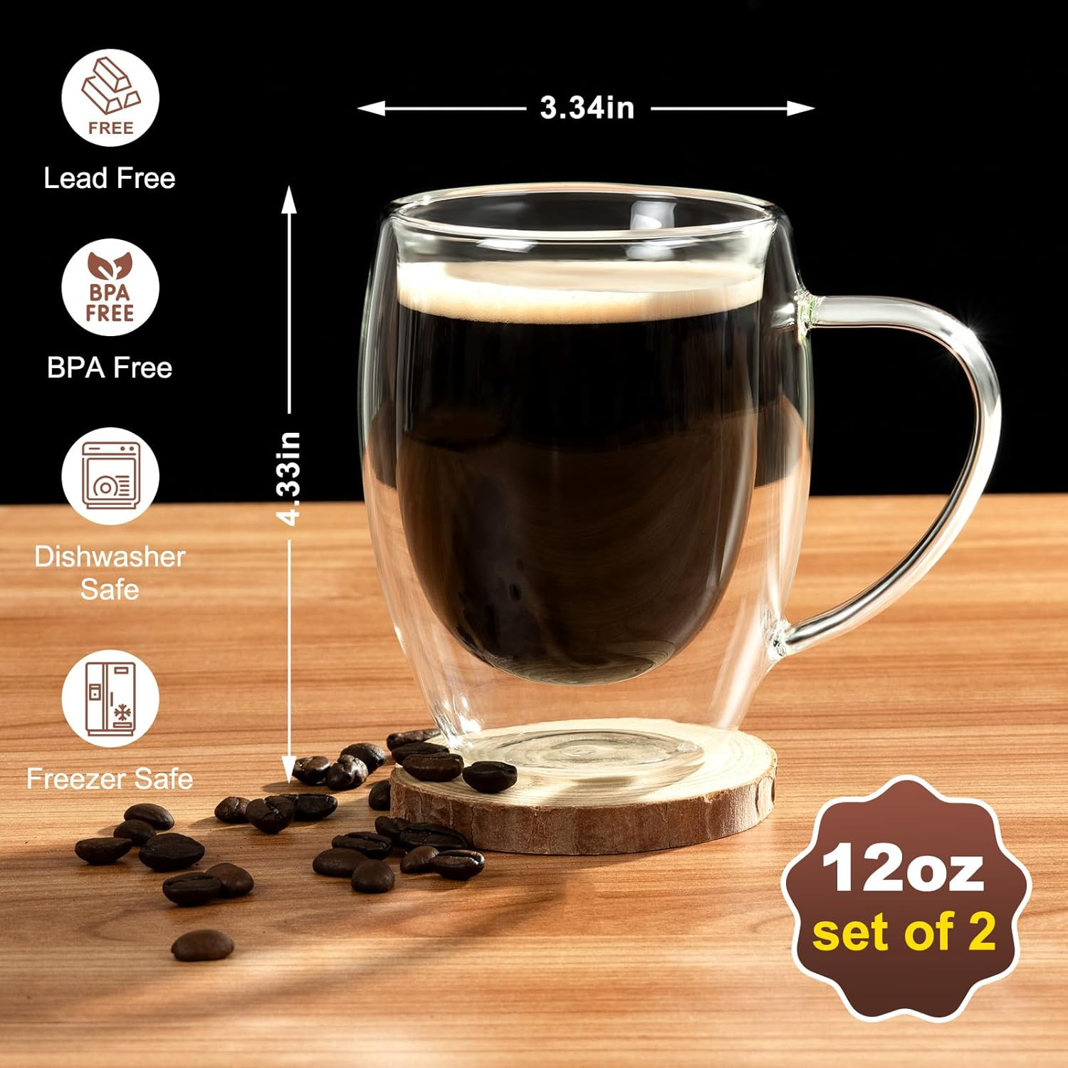 Double Walled Glass Coffee Mugs, Glass Coffee Mugs Set of 2, Glass Coffee Cups w