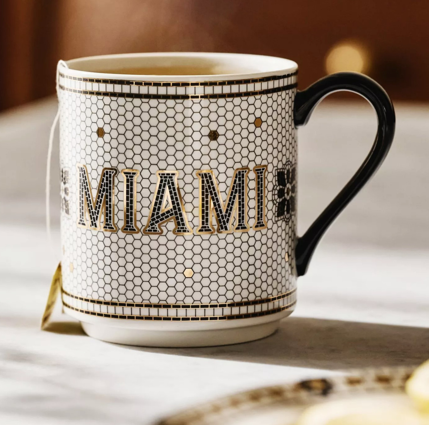 Anthropologie Bistro Tile Mug “MIAMI” 24K Gold Decaled Glazed Stoneware New