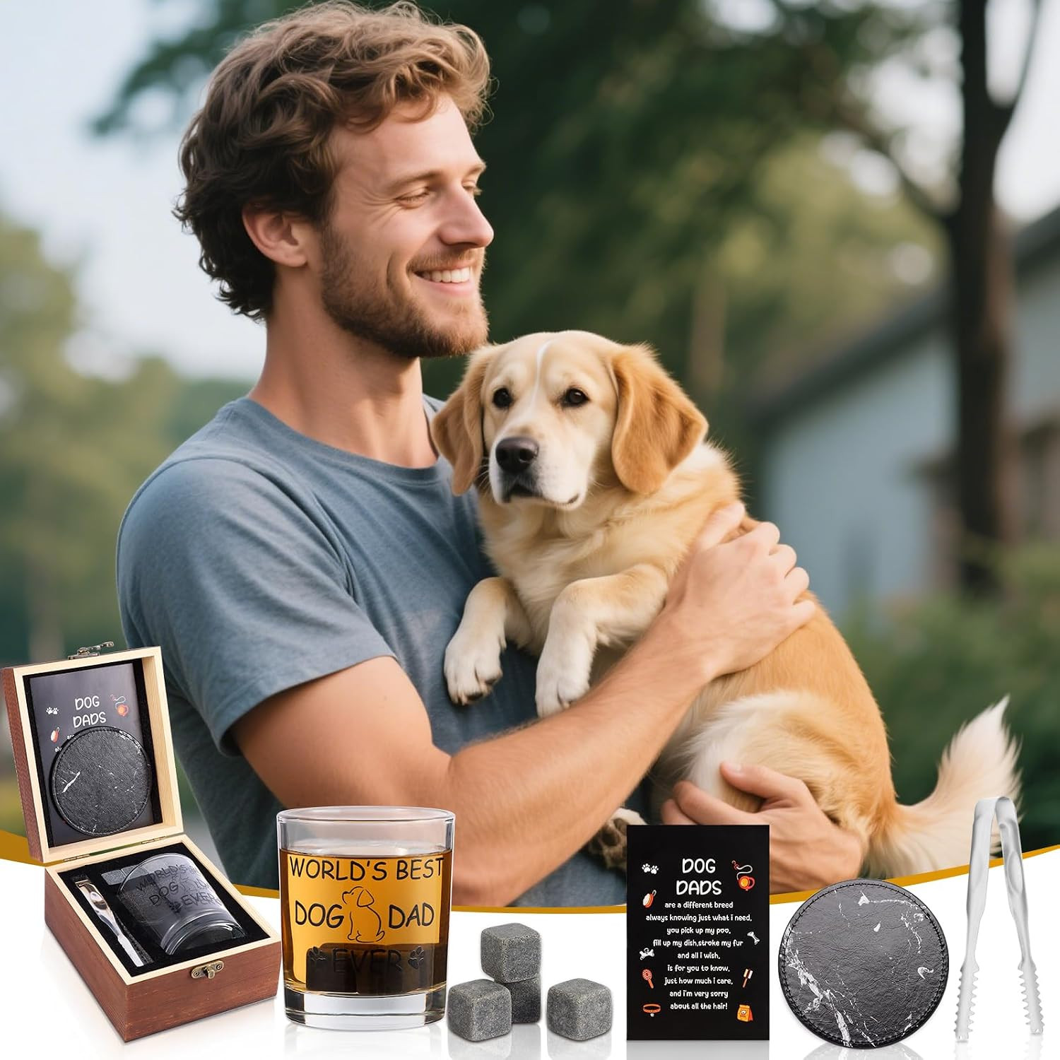 Dog Dad Gifts, Best Gift for Dad, Gift with 12Oz Whiskey Glasses, Stones, Coaste