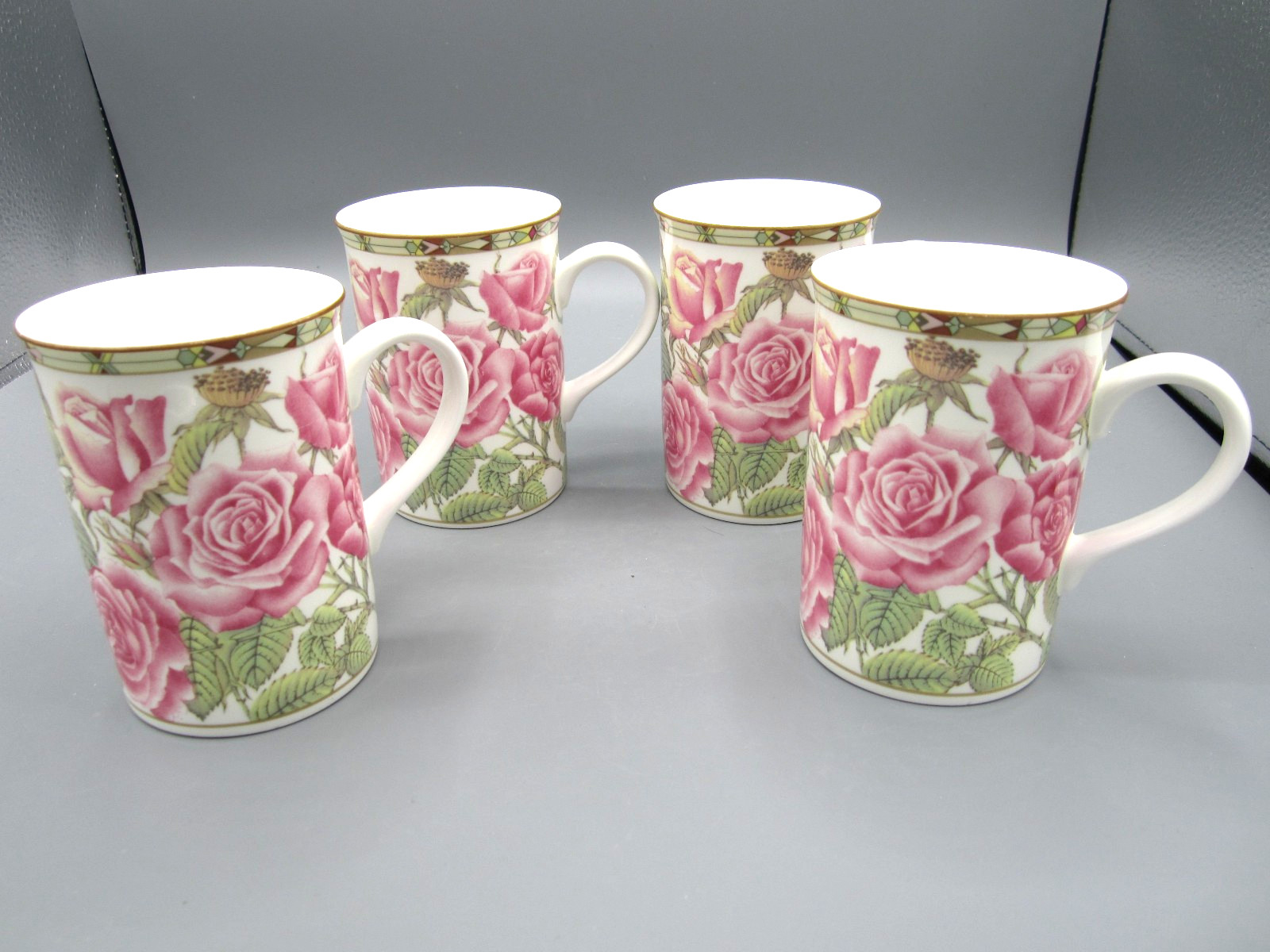 Set of 4 Royal Bone China, White, Pink, Green, Roses Tea Coffee Mug 10 oz (Box)