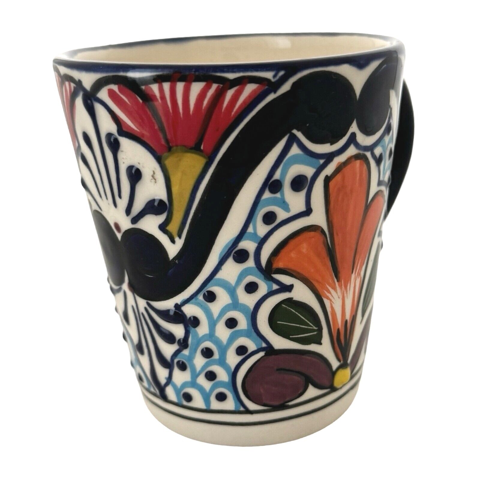 Alba Mex Talavera Coffee Mug Hand Painted Pottery Blue Orange Floral Folk Art