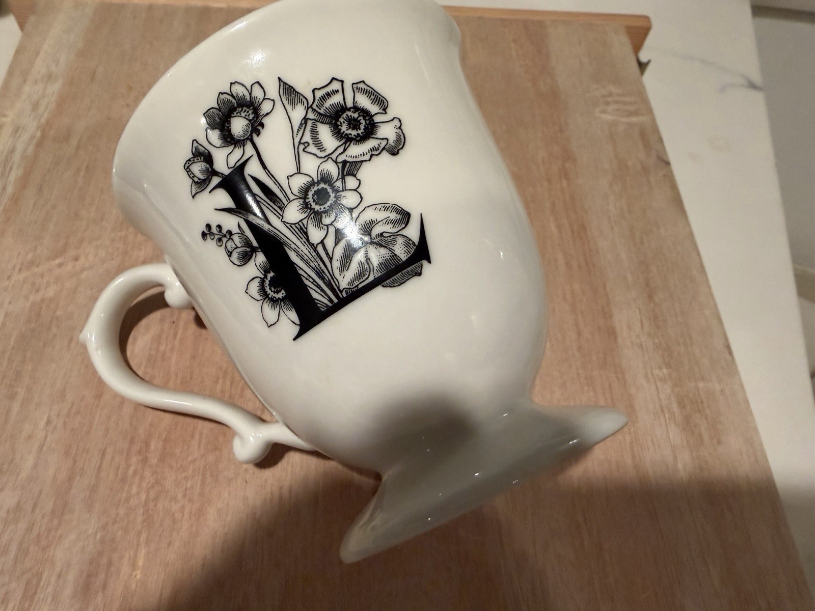 White Ceramic Pedestal Mug Black Floral Letter Decor Dishwasher Microwave Safe
