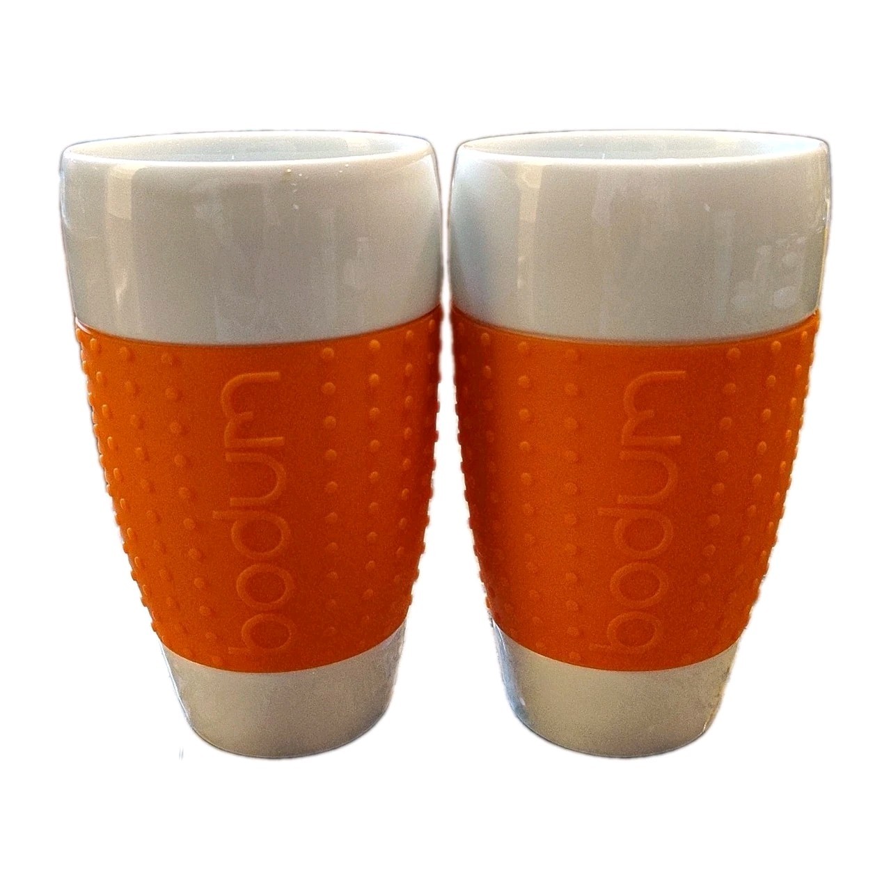 Bodum Pavina Porcelain Mugs Set of 2 White Orange Silicone Sleeve 12oz