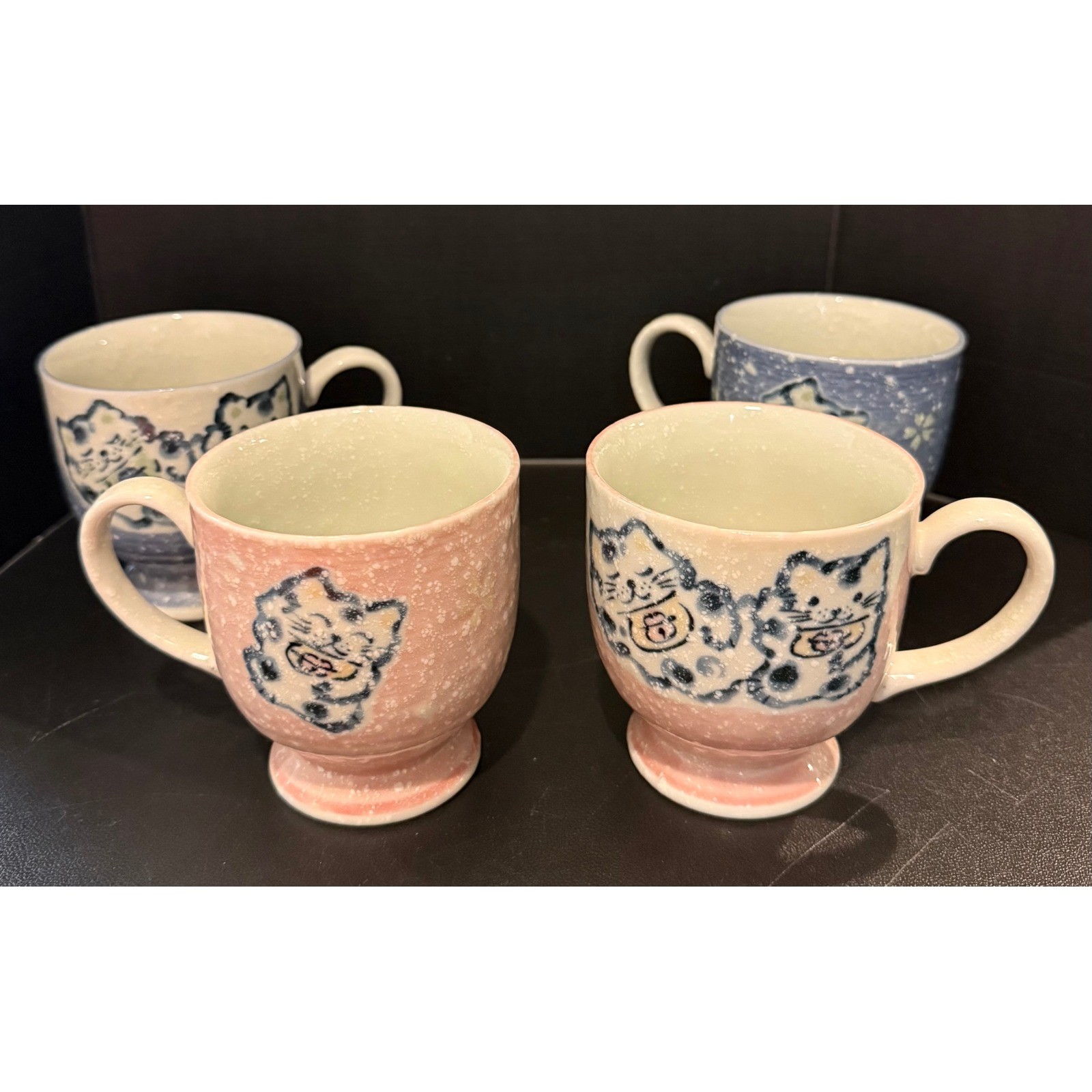 Maneki Neko Lucky Cat Kitten Kitty Ceramic Mugs Pink Blue 3.5 Inch Set of 4