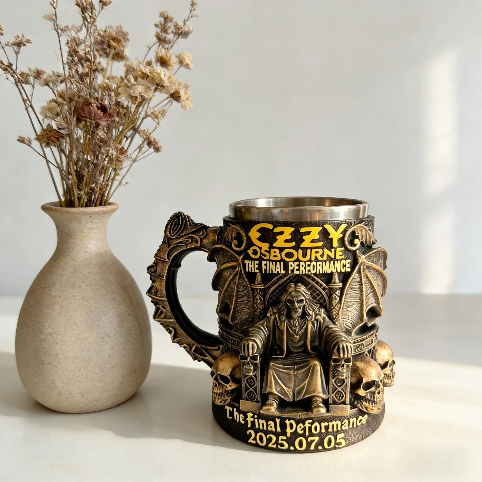 Halloween 3D Skull Mug Ozzy Osbourne Style Resin Beer Coffee Cup Stainless Steel