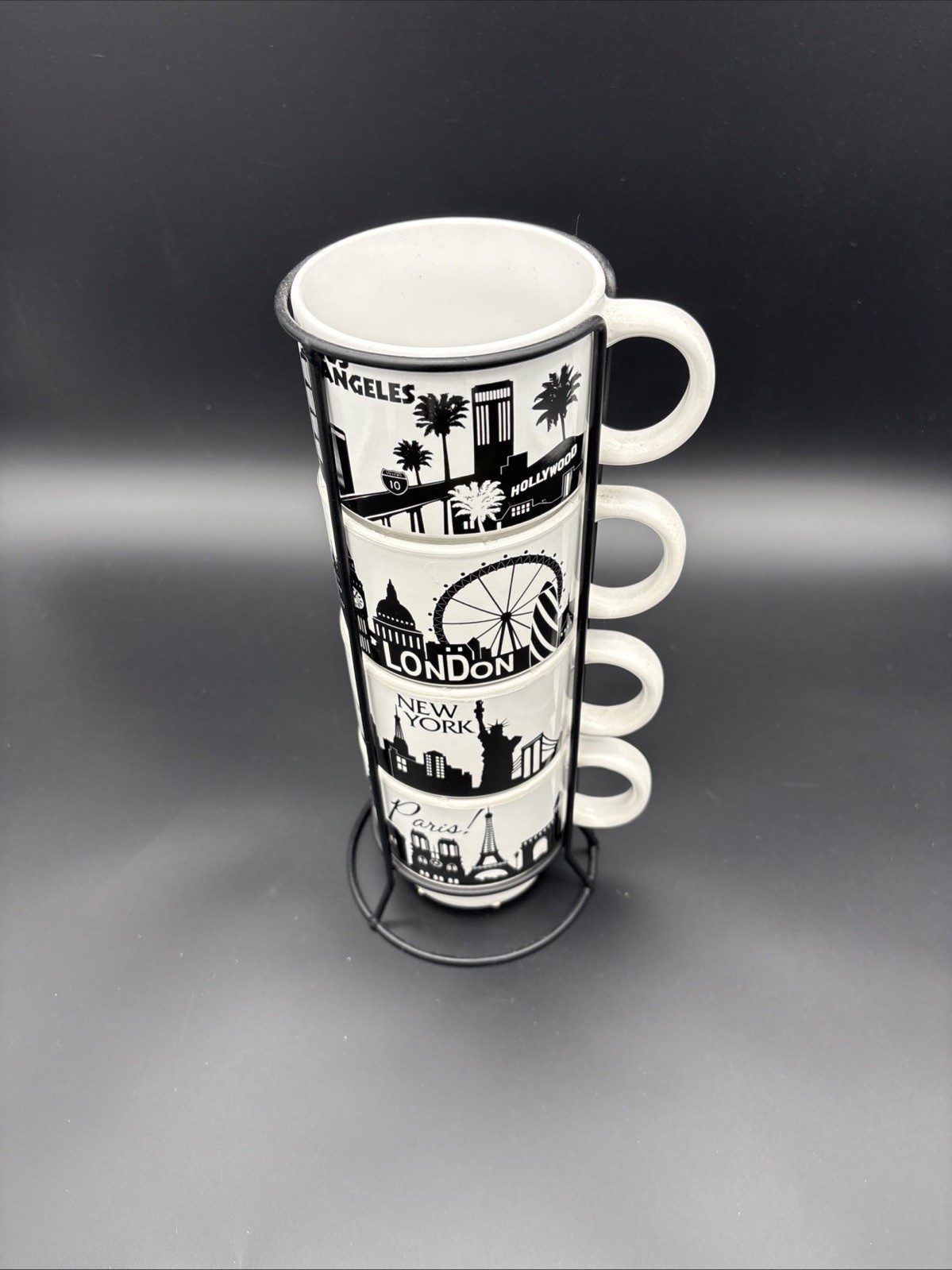Stacking City Skyline Mug Set with Wire Stand