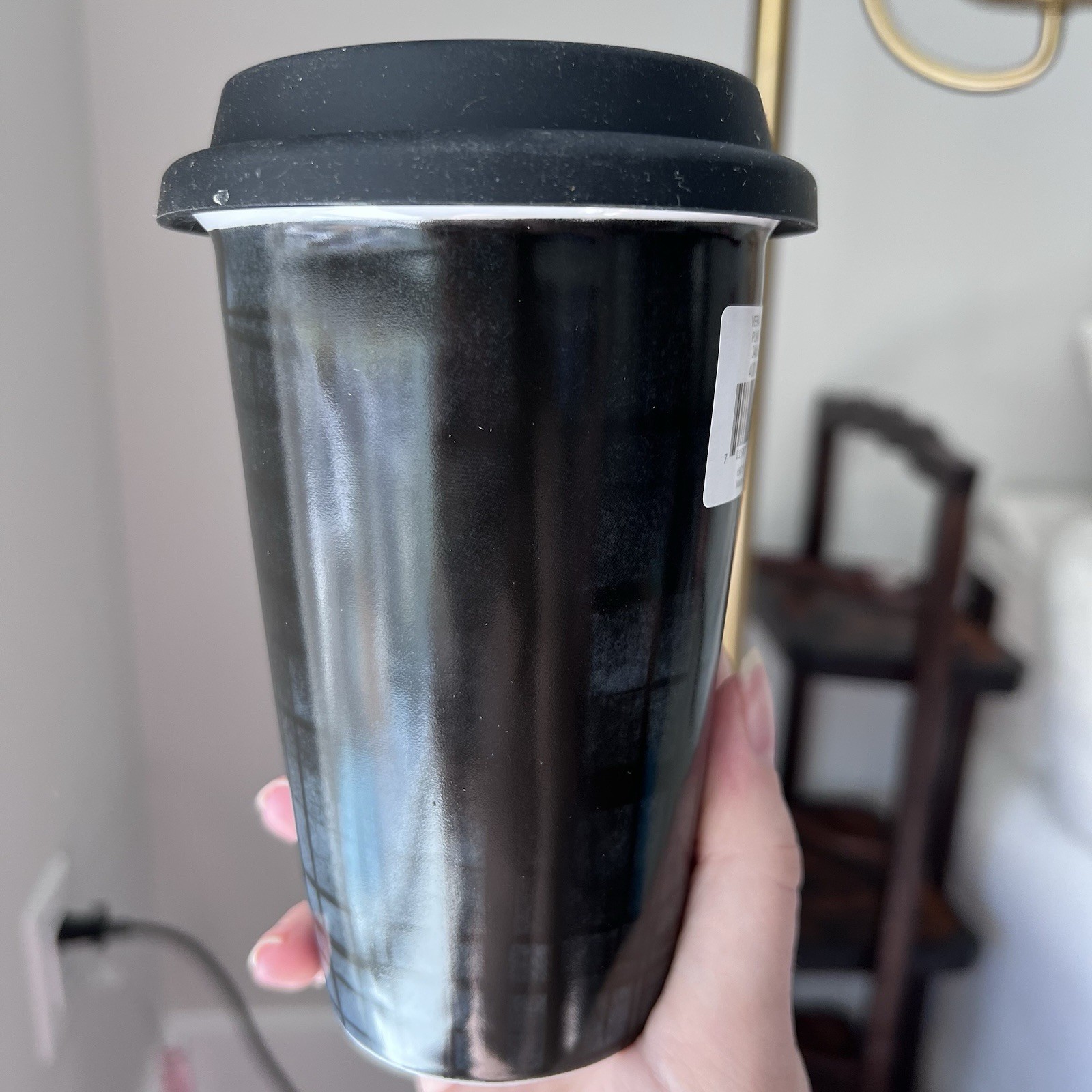 Vera Wang Wedgwood Plaid 12 oz Ceramic Travel Mug Black/Gray Lid *New In Box*