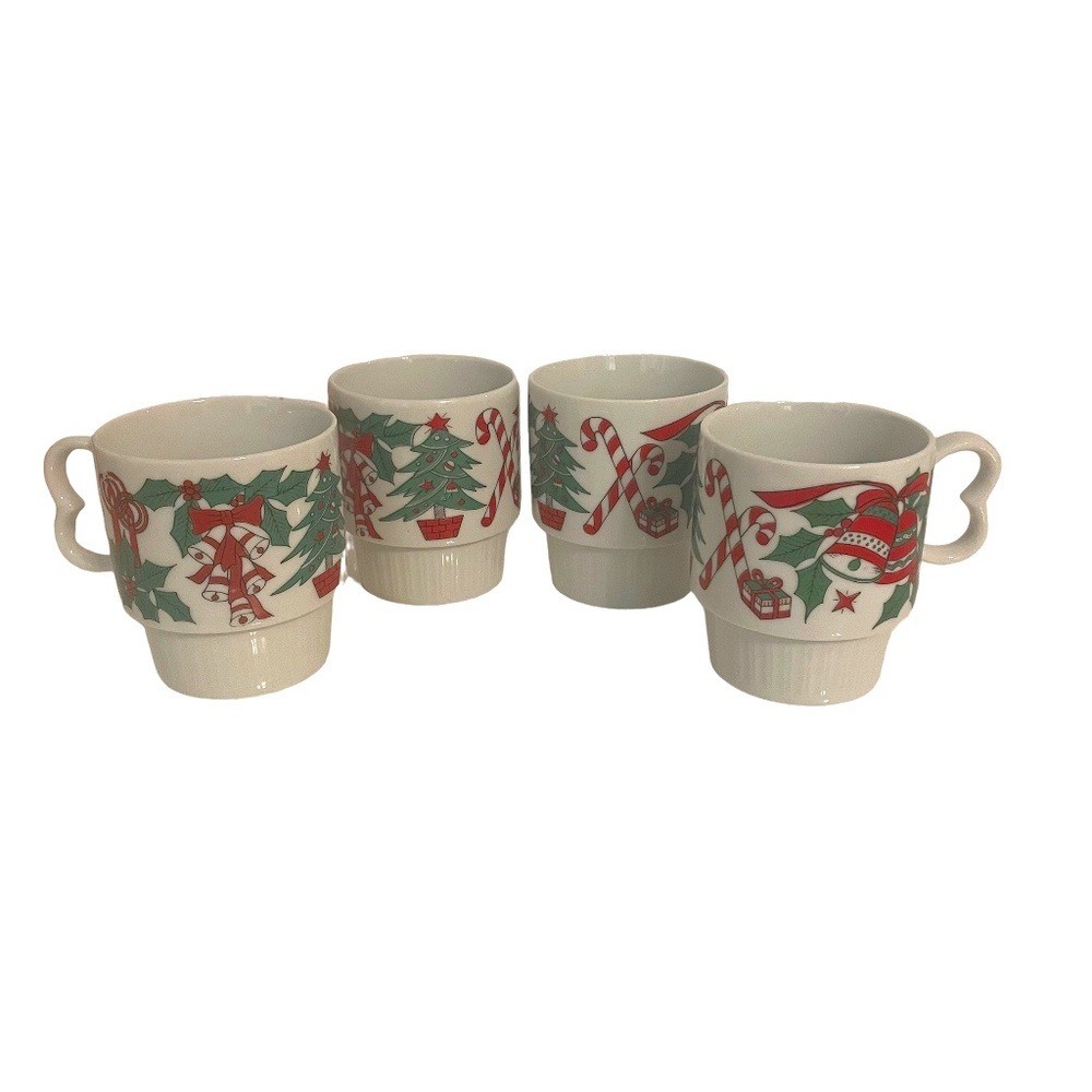 Vintage Flambro Stackable Christmas Bell & Holly Coffee Cocoa Mugs Set of 4