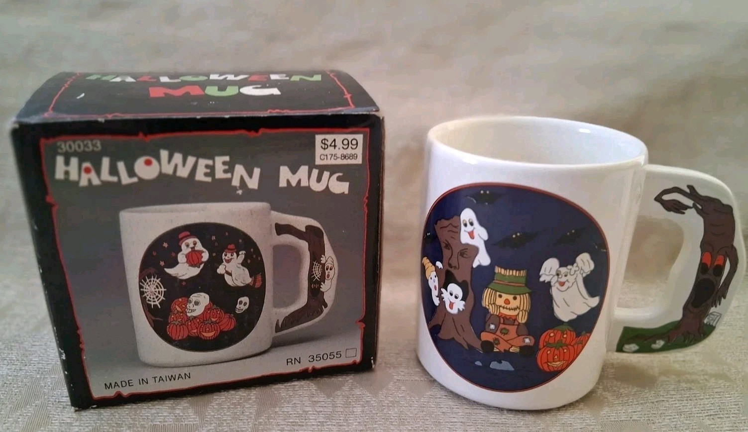 Vintage Halloween Mug, Ceramic, New In Box, ghosts, pumpkins, Taiwan