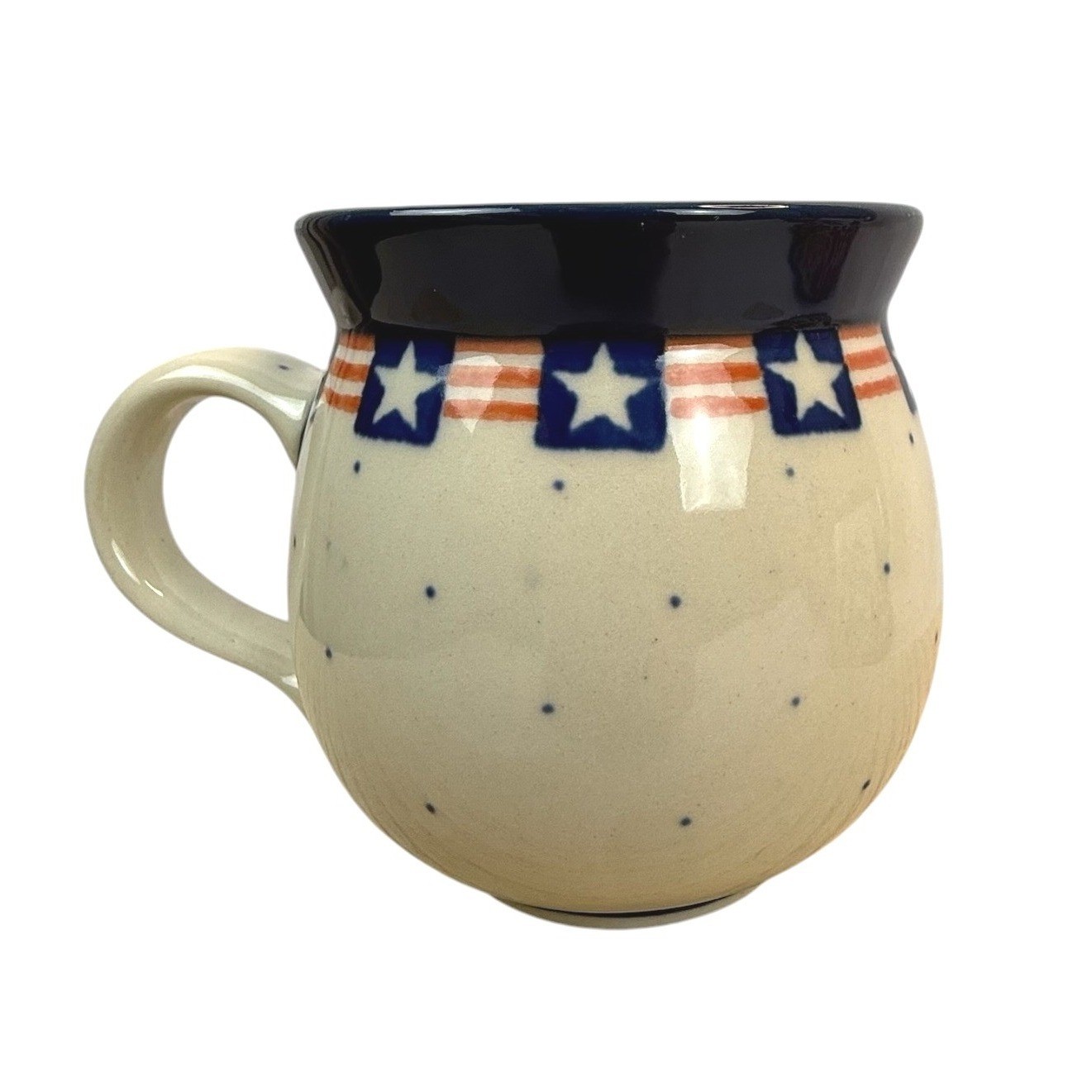 Polish Pottery Ceramika Artystyczna Cup/Mug 8 oz Blue Red White Stars Polka Dot