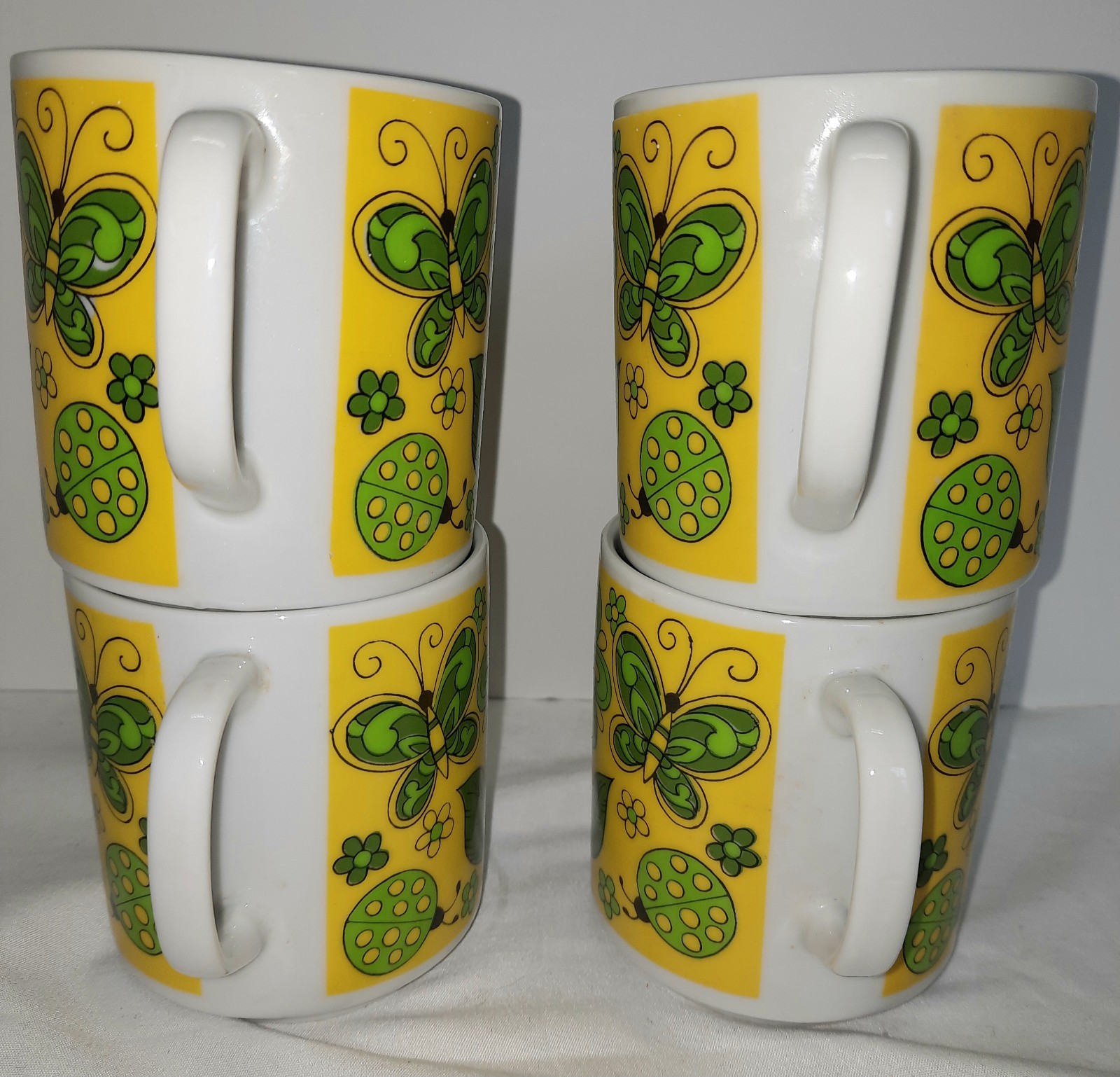 4 Coffee Cups Mugs VINTAGE RETRO Butterflies Daisy Flowers Ladybugs STACKABLE