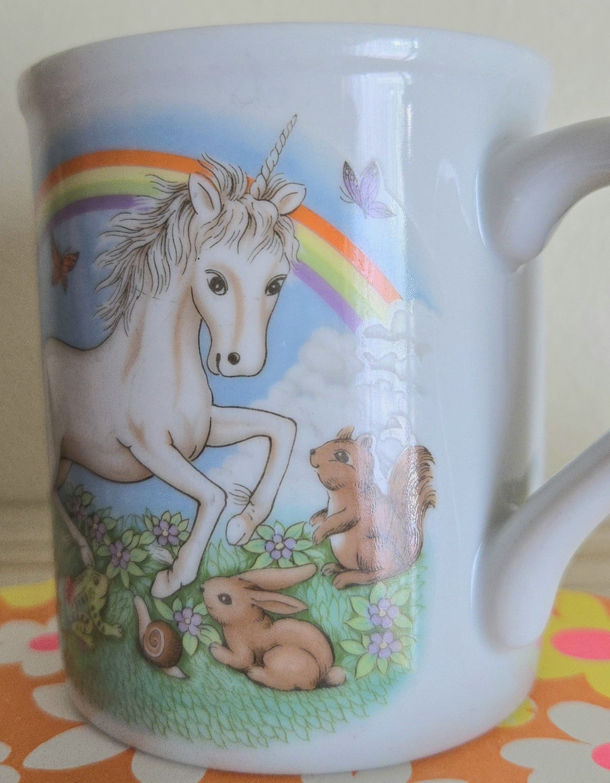 Vintage 1980s Unicorn Rainbow Animal Friends Whimsical Magical Mug