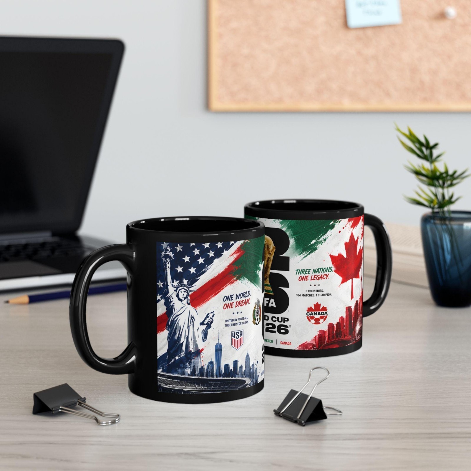 FIFA World Cup 2026 Logo and Trophy Black Mug Soccer Tournament Coffee Cup