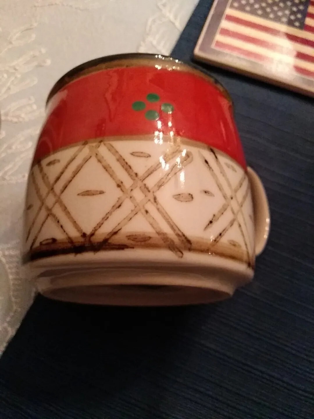 Pair of graphic abstract design mugs with unknown mark mint condition ceramic