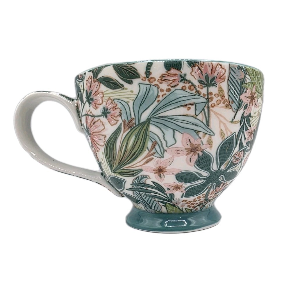 Potter’s Studio Green Pink Colorful Flowers 14 Oz Coffee Tea Cup Mug Footed