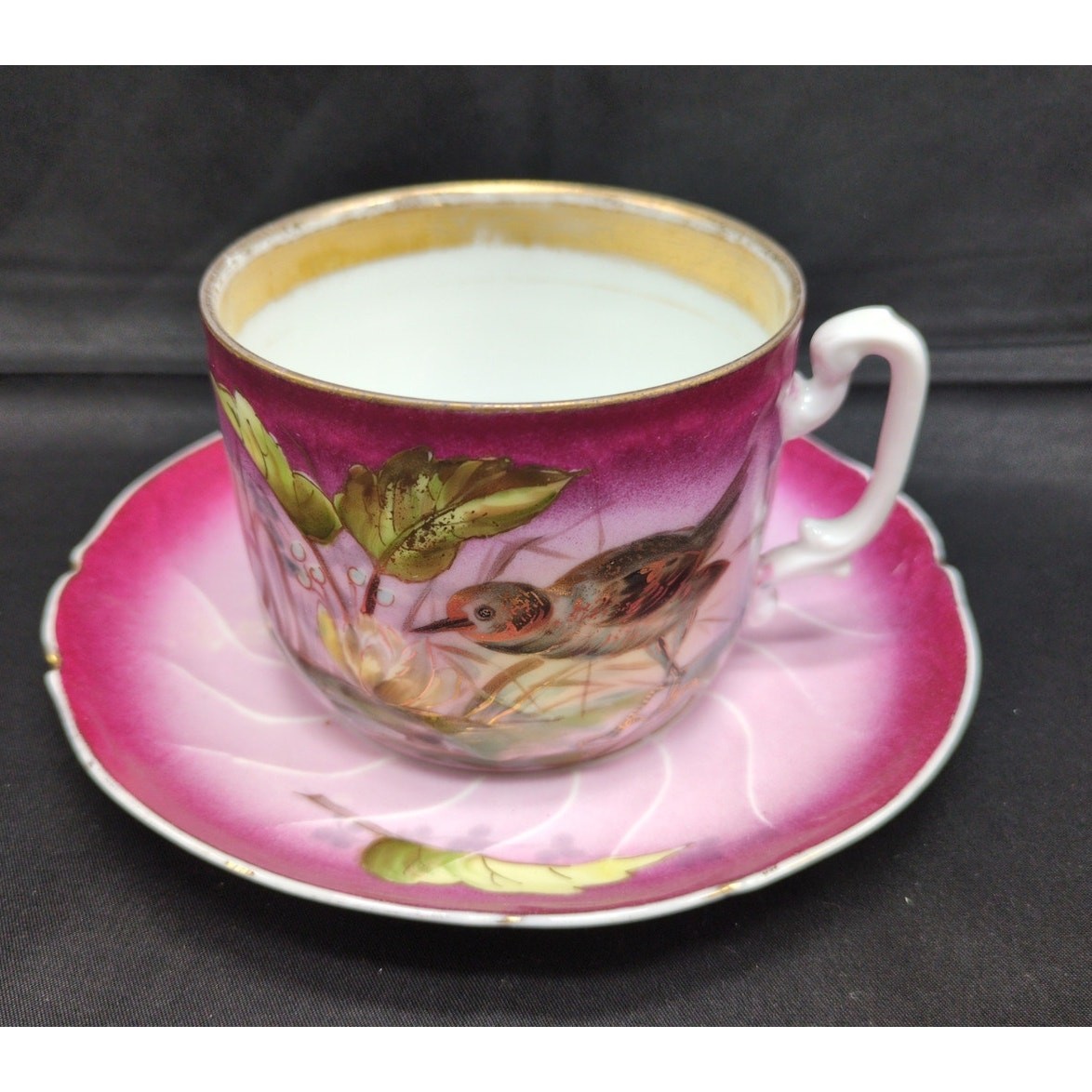 Antique Silesia Bavaria Tea Cup Saucer Bird Motif Pink Gold Trim Porcelain