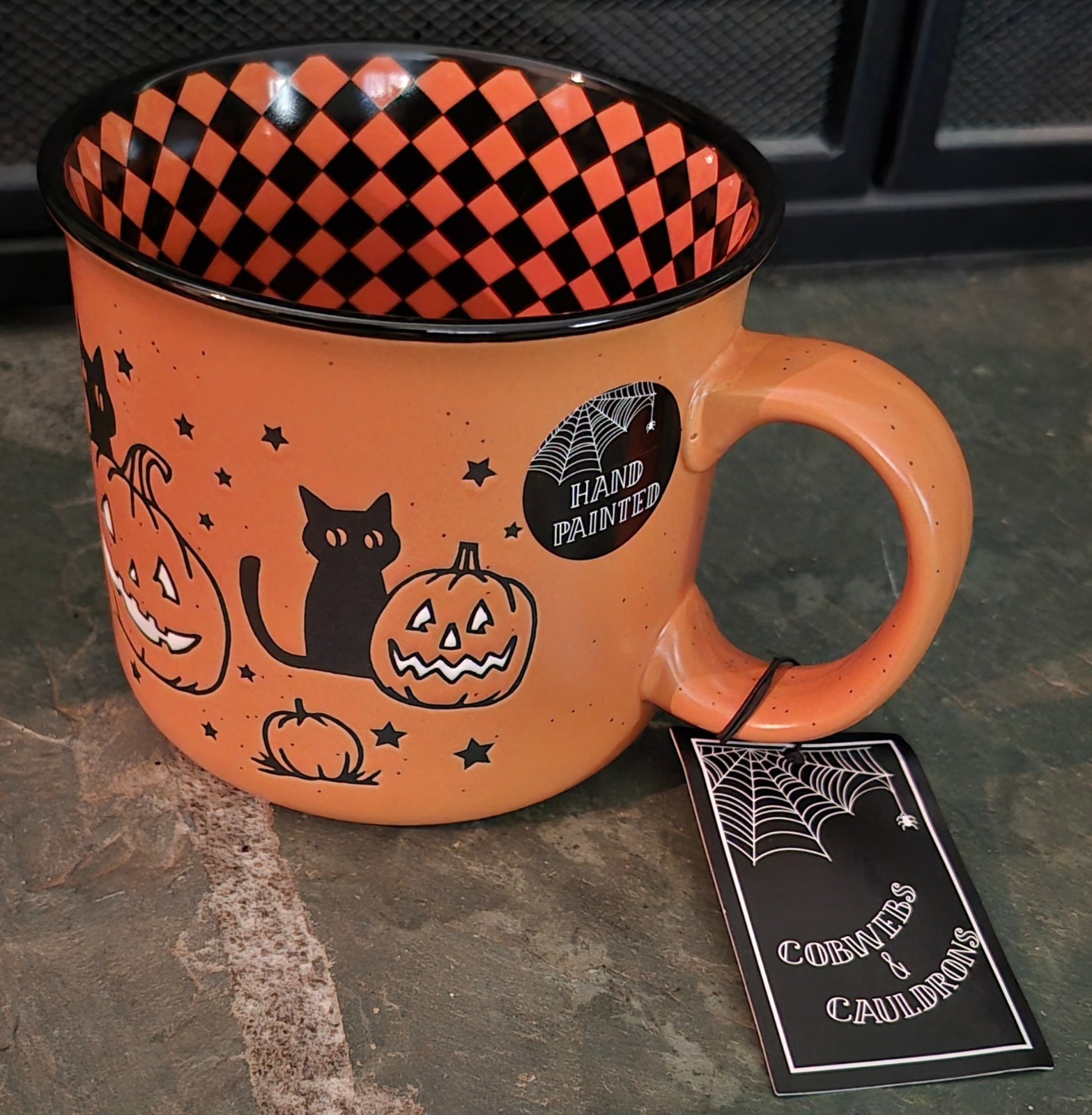 Cobwebs & Cauldrons BLACK CATS with Pumpkins Orange Ceramic Halloween MUG New