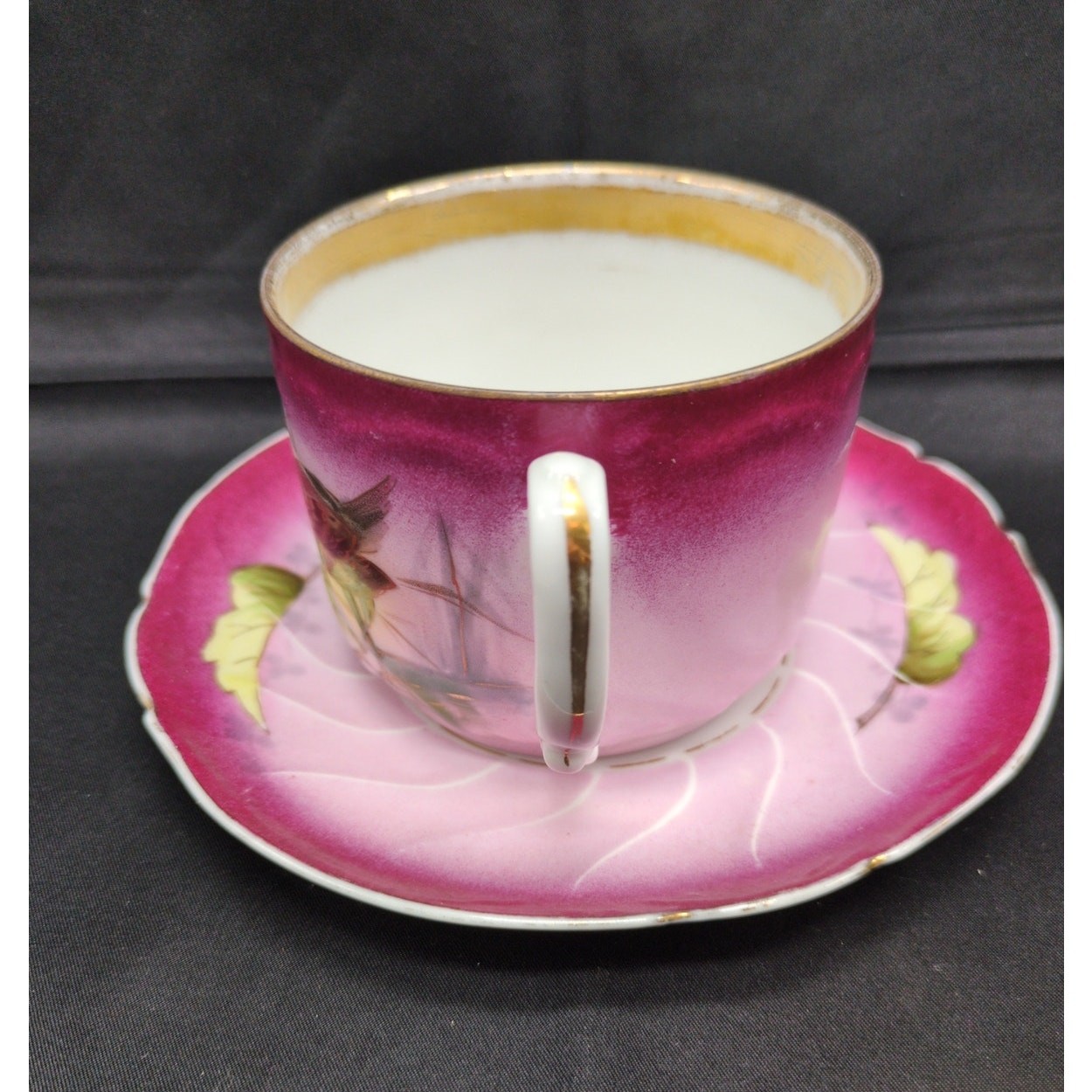Antique Silesia Bavaria Tea Cup Saucer Bird Motif Pink Gold Trim Porcelain