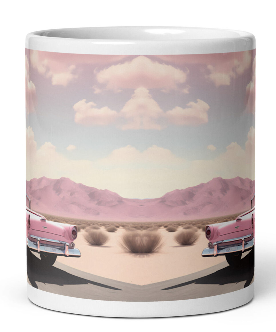 Pink vintage car 11oz White glossy mug (FREE SHIPPING)
