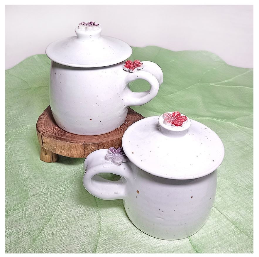 Korean Handmade Ceramic Mug Set White Floral Lid Tea Coffee Cup Gift Set of 2