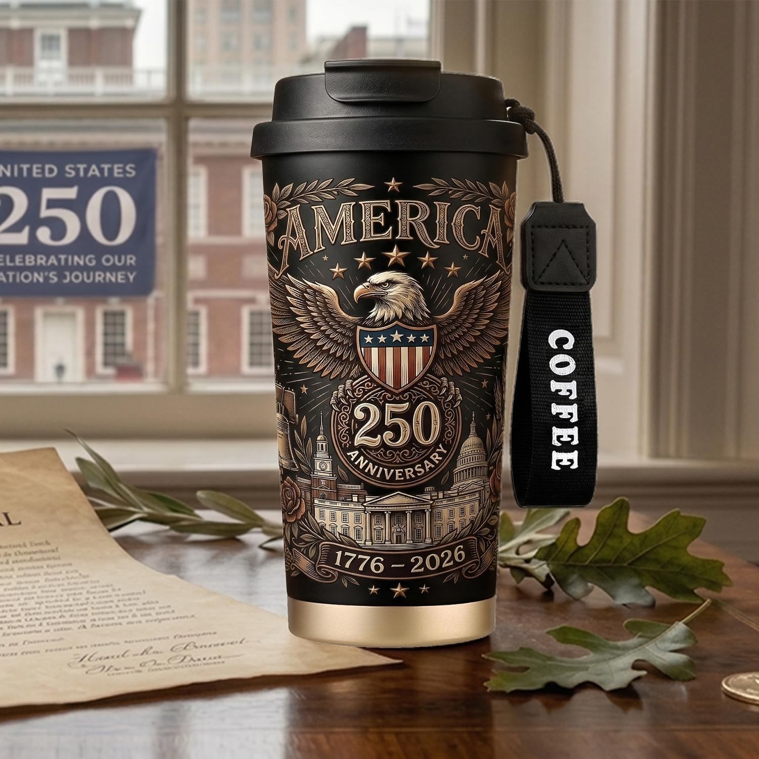 250th Anniversary America Insulated Coffee Mug 18oz Stainless Steel w/Straw, Lid