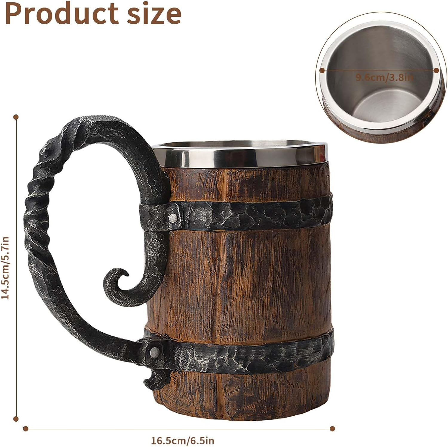 Wooden Barrel Beer Mug Viking Stein Tankard Stainless Steel Gift Men Gold Silver