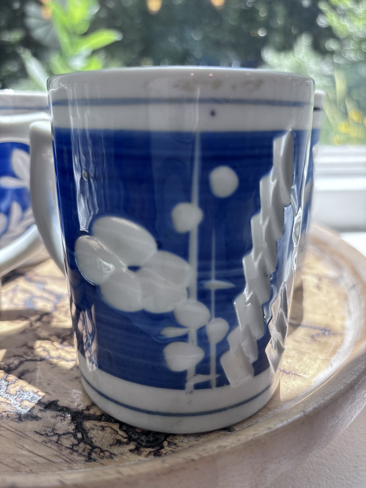Vintage Cobalt Blue and White Inset Floral Pattern Japanese Coffee Mugs