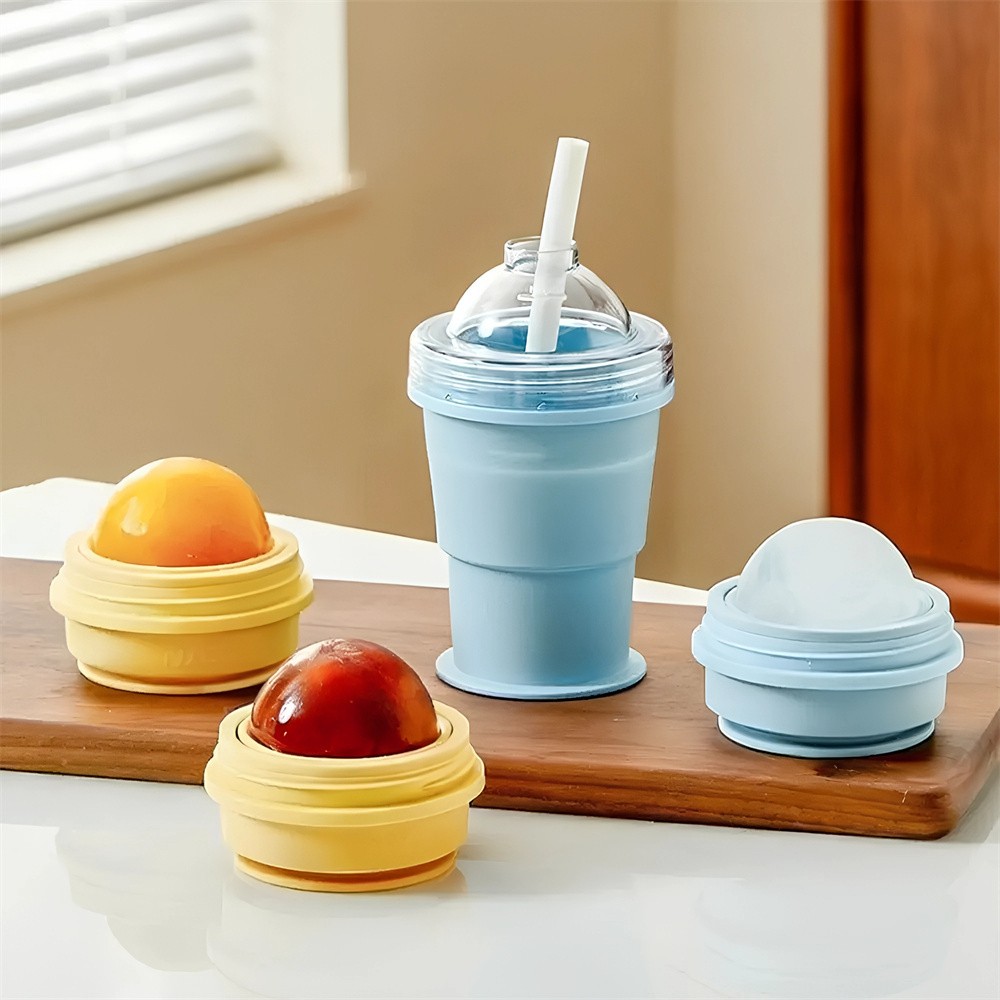 Summer Silicone Travel Cup with Straw, Foldable & Removable Ice Ball Mold