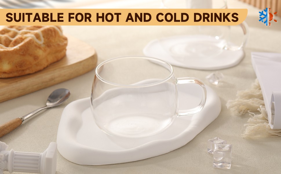 Glass Tea Cups Set of 2, Clear Borosilicate Glass Teacups with Handle for
