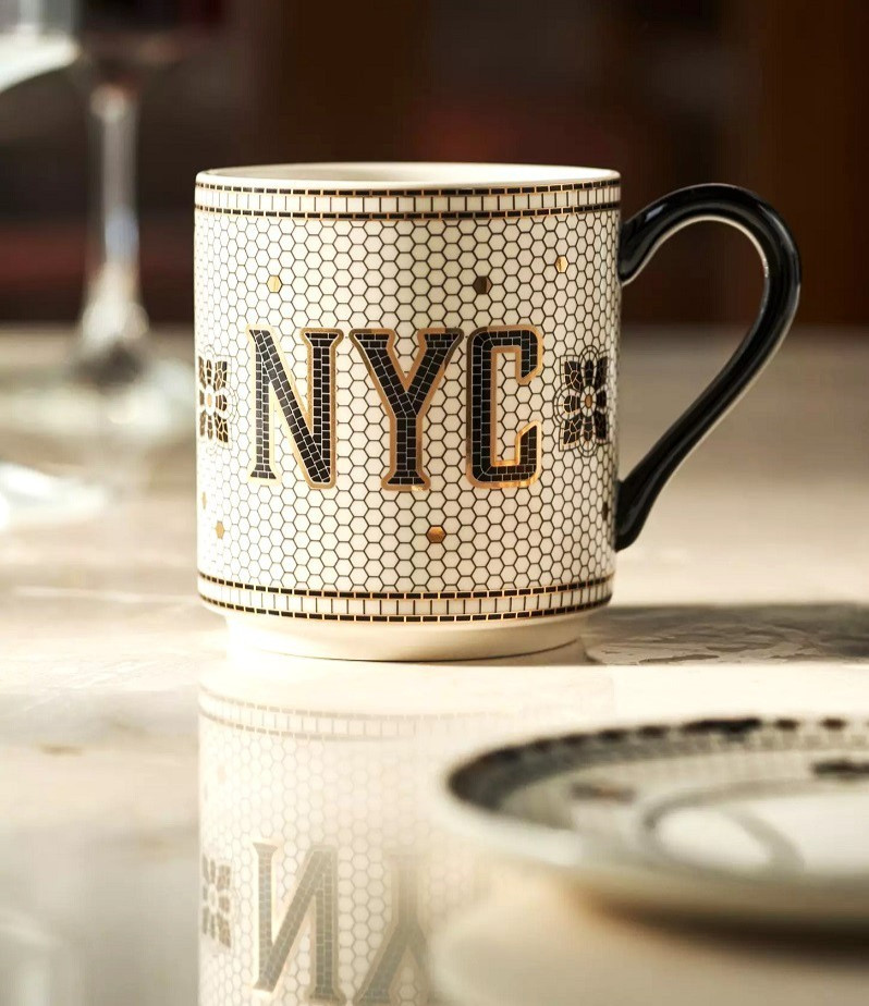 Anthropologie Bistro Tile Mug “NYC” 24K Gold Decaled Glazed Stoneware New York