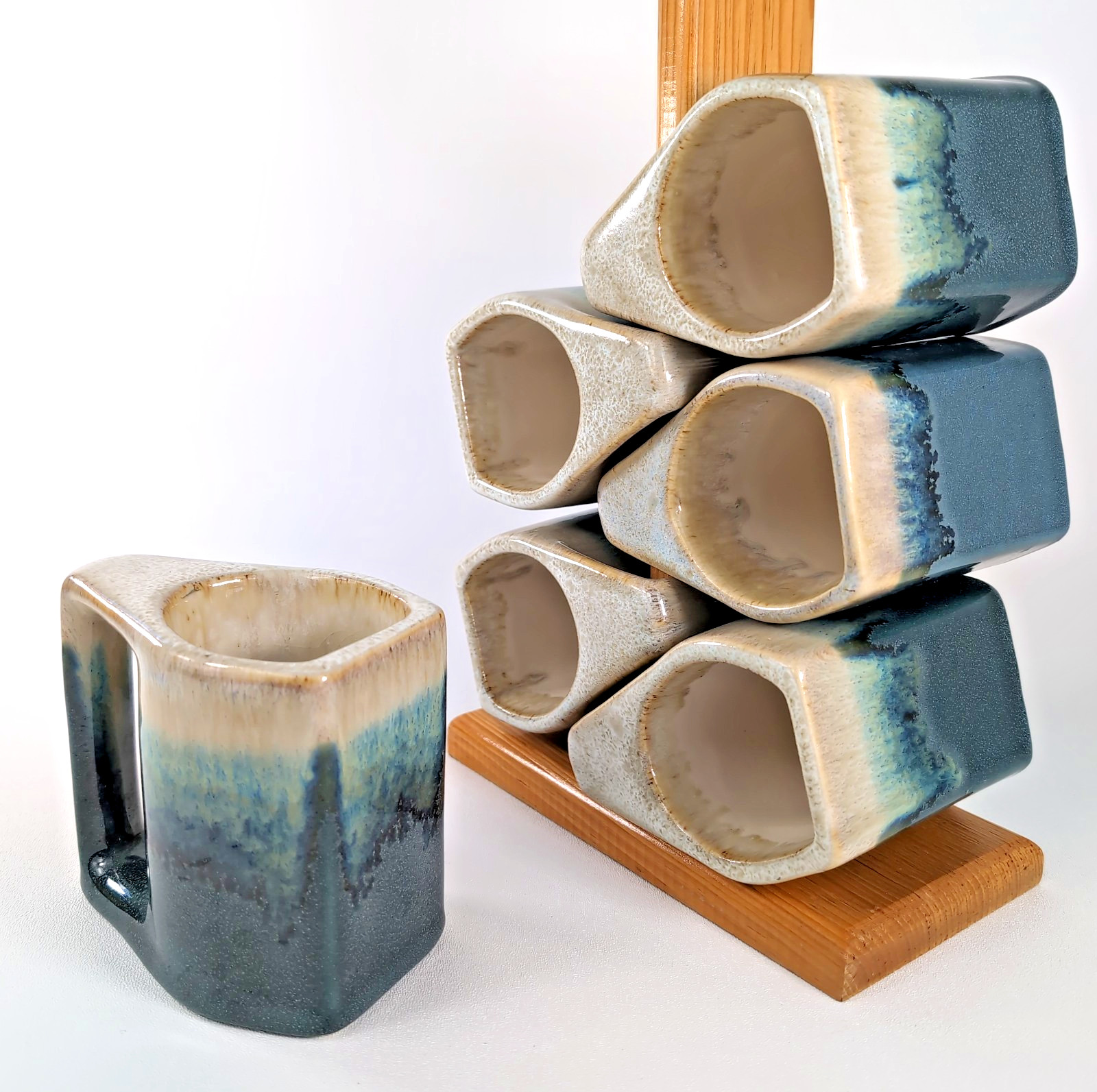 VTG 80s Set 6 Rodolfo Padilla Drip Glaze Blue Aqua MCM Coffee Cup Mug Wood Stand