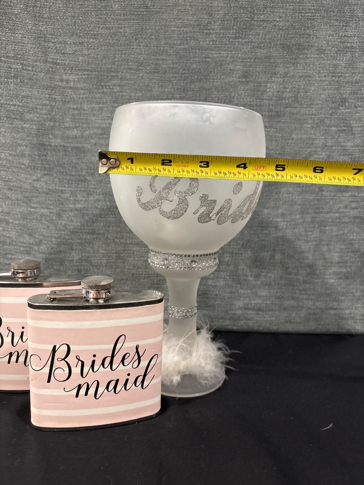 Bride & Bridesmaid Set: Glittery Bride Goblet Feathers 2 Pink Bridesmaid Flasks
